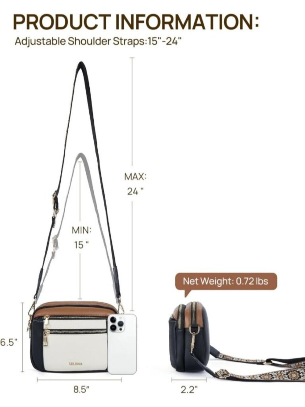 〽️Women's Black Brown Adjustable Wide Strap Vegan Leather Purse Crossbody Bags - Picture 3 of 6